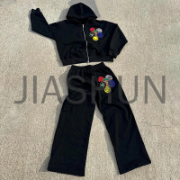 Vintage French Terry Zip-Up Hoodie and Flare Sweatpants Set