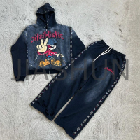 Acid Wash Zip-Up Hoodie and Flared Sweatpants Set