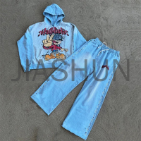 Acid Wash Zip-Up Hoodie and Flared Sweatpants Set