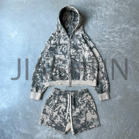 Gradient Faded Acid Wash Oversized Hoodie and Shorts Set