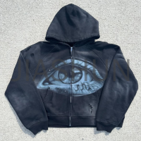 DTG Print Rhinestone Distressed Vintage Cotton Zip-Up Hoodie