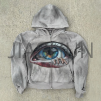DTG Print Rhinestone Distressed Vintage Cotton Zip-Up Hoodie
