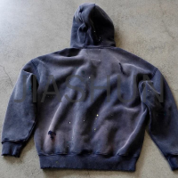 Drop Shoulder Distressed Terry Cotton Cropped Baggy Zipper Hoodie