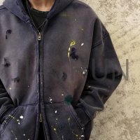 Drop Shoulder Distressed Terry Cotton Cropped Baggy Zipper Hoodie