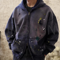 Drop Shoulder Distressed Terry Cotton Cropped Baggy Zipper Hoodie