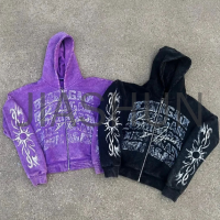 Acid Wash French Terry Graphic Vintage Print Zip-Up Hoodie