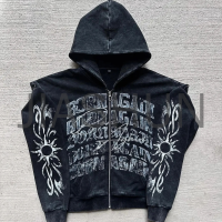 Acid Wash French Terry Graphic Vintage Print Zip-Up Hoodie