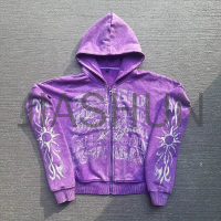 Acid Wash French Terry Graphic Vintage Print Zip-Up Hoodie