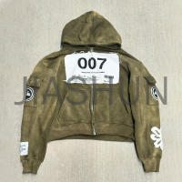 Acid Wash Heavyweight Cotton Distressed Zip-Up Hoodie