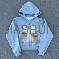 Distressed Oversized Zip-Up Hoodie with DTG Print