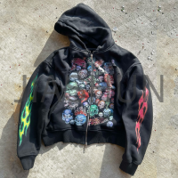 Distressed Oversized Vintage Pattern Zip-Up Hoodie with DTG Print