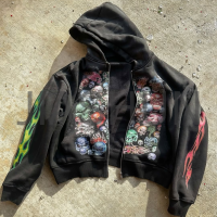 Distressed Oversized Vintage Pattern Zip-Up Hoodie with DTG Print