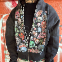 Distressed Oversized Vintage Pattern Zip-Up Hoodie with DTG Print