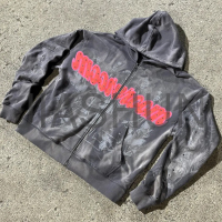 Acid-Washed Oversized Boxy Zip-Up Hoodie with Rhinestones