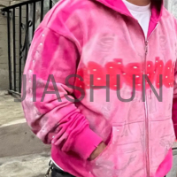 Acid-Washed Oversized Boxy Zip-Up Hoodie with Rhinestones