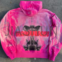 Acid-Washed Oversized Boxy Zip-Up Hoodie with Rhinestones