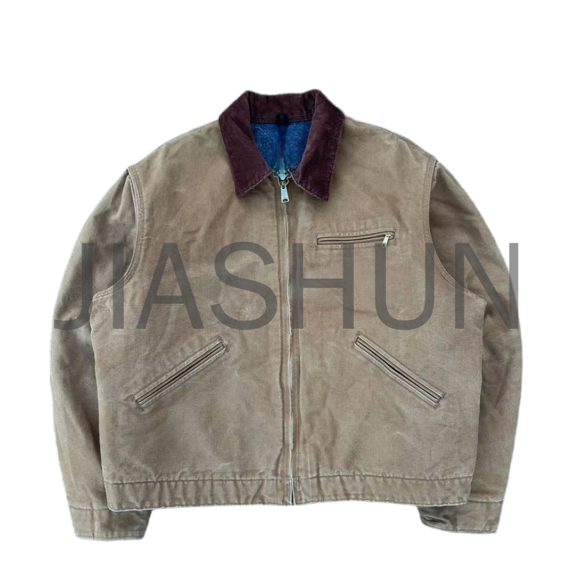 Vintage Washed Heavyweight Canvas Work Jacket with Corduroy Collar