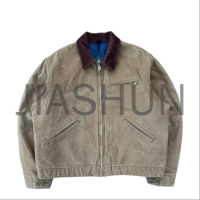 Vintage Washed Heavyweight Canvas Work Jacket with Corduroy Collar