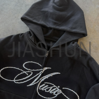 Distressed French Terry Rhinestone Zipper Hoodie with DTG Print