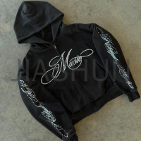 Distressed French Terry Rhinestone Zipper Hoodie with DTG Print