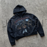 Oversized Distressed Acid Wash Rhinestone Rivet Zip-Up Hoodie