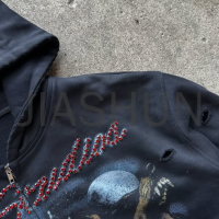 Oversized Distressed Acid Wash Rhinestone Rivet Zip-Up Hoodie