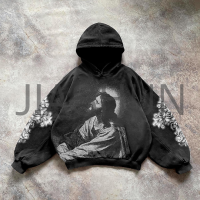 Acid Wash Oversized Pocket Hoodie with Digital Print