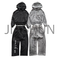 Distressed Gothic Letter Print Zip-Up Hoodie and Wide Leg Pants Set