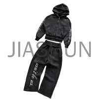Distressed Gothic Letter Print Zip-Up Hoodie and Wide Leg Pants Set