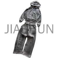 Distressed Gothic Letter Print Zip-Up Hoodie and Wide Leg Pants Set