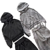 Distressed Gothic Letter Print Zip-Up Hoodie and Wide Leg Pants Set