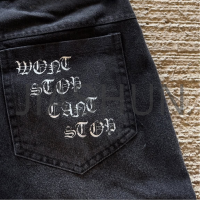 Vintage Washed Denim Distressed Raw Cut Edge Screen Printed Jorts