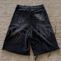 Vintage Washed Denim Distressed Raw Cut Edge Screen Printed Jorts