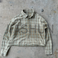 Acid Wash Plaid Boxy Cropped Flannel Shirt