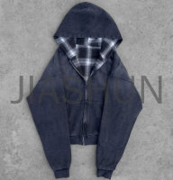 Acid Wash Reversible Plaid Digital Print Cotton Terry Zip-Up Hoodie