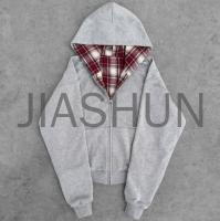 Acid Wash Reversible Plaid Digital Print Cotton Terry Zip-Up Hoodie