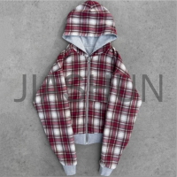 Acid Wash Reversible Plaid Digital Print Cotton Terry Zip-Up Hoodie