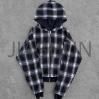 Acid Wash Reversible Plaid Digital Print Cotton Terry Zip-Up Hoodie