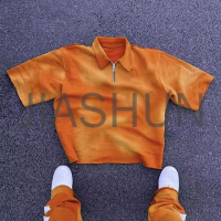 Acid Washed Sun Faded Boxy Oversized Polo Zip-Up T-Shirt