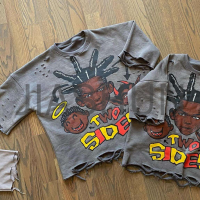 Distressed Acid Wash Boxy Cropped T-Shirt with Screen Print