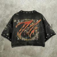 Acid Wash Cropped Boxy Rhinestone Graphic T-Shirt