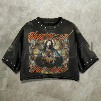 Acid Wash Cropped Boxy Rhinestone Graphic T-Shirt