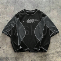 Black and Gray Oversized T-shirt with Contrast Stitching