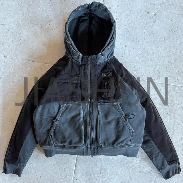Oversized Acid Wash Vintage Distressed Sun-Faded Zip-Up Coat