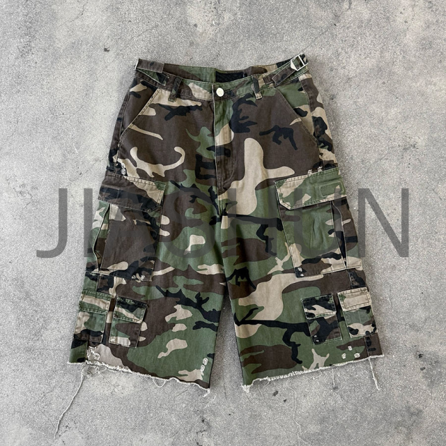 Camo Cotton Sweat Baggy Flared Cargo Shorts