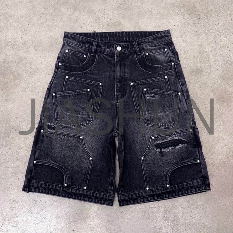 Acid Wash Baggy Knee-Length Ripped Denim Shorts