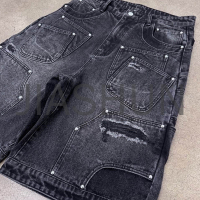 Acid Wash Baggy Knee-Length Ripped Denim Shorts