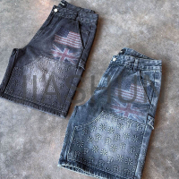 Vintage Wash Distressed Blue-Black Straight Leg Denim Shorts
