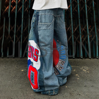 Oversized Baggy Flared Jeans with Letter Patchwork and Embroidery