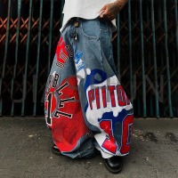 Oversized Baggy Flared Jeans with Letter Patchwork and Embroidery